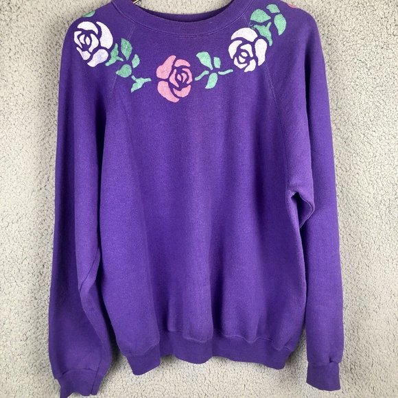 Hanes Other - VTG 90s Hanes USA Floral Flowers Roses Neck Print Crewneck Sweatshirt XL Purple